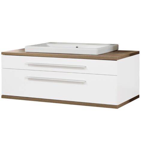 FACKELMANN STANFORD Badmöbel Set 2 Teile / Keramik Waschbecken / Waschbeckenunterschrank mit 2 Schubladen / Soft-Close-System / Korpus: Weiß / Front: Weiß / Abdeckplatte: Braun hell / Breite: 110 cm"-