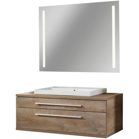 Fackelmann STANFORD Badmöbel Set 3-teilig,110 cm breit, Braun, Keramik + LED-Spiegel"-"90333145