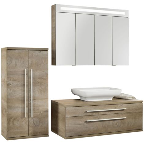 Fackelmann STANFORD Badmöbel Set 4-teilig, 110 cm breit, Braun, Aufsatzbecken+Spiegelschrank+Midi"-"90337145