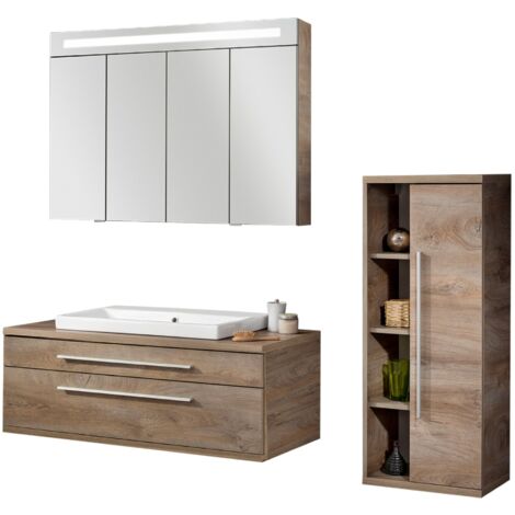 Fackelmann STANFORD Badmöbel Set 4-teilig, 110 cm breit, Braun, Keramik+Spiegelschrank+Midischrank"-"90338145