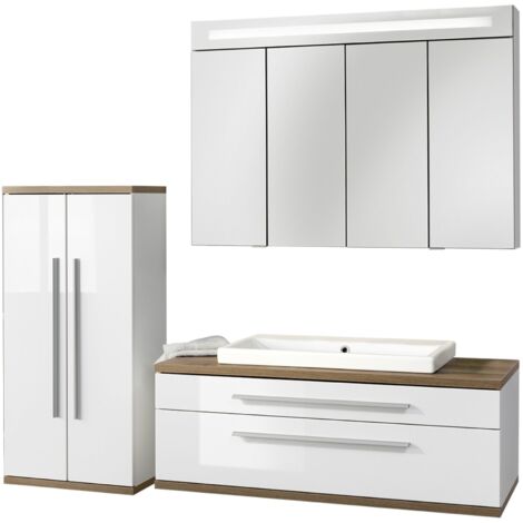 Fackelmann STANFORD Badmöbel Set 4-teilig, 110 cm breit, Weiß,Keramik+Spiegelschrank+Midischrank"-"90335145