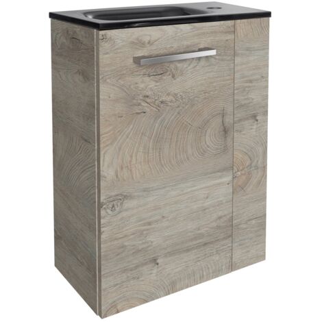 Fackelmann STANFORD SBC Gäste-WC Set 2 Teile – Waschtischunterschrank in Holz Braun mit Waschbecken aus Glas in Anthrazit – Waschbeckenunterschrank schmal – Türanschlag links – 45 cm breit"-"90091145