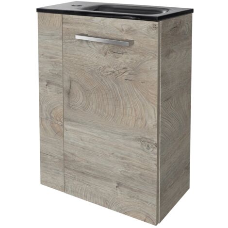 Fackelmann STANFORD SBC Gäste-WC Set 2 Teile – Waschtischunterschrank in Holz Braun mit Waschbecken aus Glas in Anthrazit – Waschbeckenunterschrank schmal – Türanschlag rechts – 45 cm breit"-"9009514