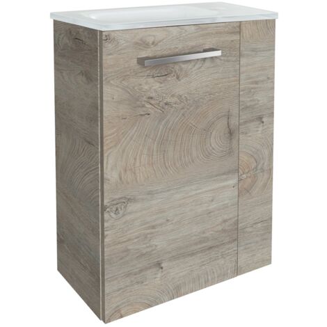 Fackelmann STANFORD SBC Gäste-WC Set 2 Teile – Waschtischunterschrank in Holz Braun mit Waschbecken aus Glas in Weiß – Waschbeckenunterschrank schmal – Türanschlag links – 45 cm breit"-"90090145