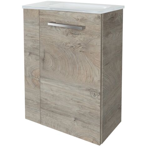 Fackelmann STANFORD SBC Gäste-WC Set 2 Teile – Waschtischunterschrank in Holz Braun mit Waschbecken aus Glas in Weiß – Waschbeckenunterschrank schmal – Türanschlag rechts – 45 cm breit"-"90094145