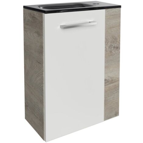 Fackelmann STANFORD SBC Gäste-WC Set 2 Teile – Waschtischunterschrank in Weiß mit Holz Braun mit Waschbecken aus Glas in Anthrazit – Waschbeckenunterschrank schmal – Türanschlag links – 45 cm breit"-