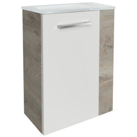 Fackelmann STANFORD SBC Gäste-WC Set 2 Teile – Waschtischunterschrank in Weiß mit Holz Braun mit Waschbecken aus Glas in Weiß – Waschbeckenunterschrank schmal – Türanschlag links – 45 cm breit"-"9008