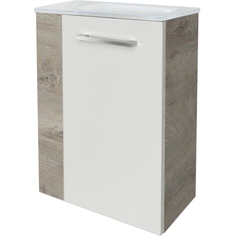 Fackelmann STANFORD SBC Gäste-WC Set 2 Teile – Waschtischunterschrank in Weiß mit Holz Braun mit Waschbecken aus Glas in Weiß – Waschbeckenunterschrank schmal – Türanschlag rechts – 45 cm breit"-"900
