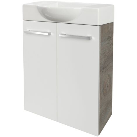 Fackelmann STANFORD SBC Gäste-WC Set 2 Teile – Waschtischunterschrank in Weiß mit Holz Braun mit Waschbecken aus Keramik – Waschbeckenunterschrank schmal – 2 Türen – Hahnloch links – 55 cm breit"-"900