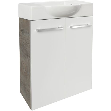 Fackelmann STANFORD SBC Gäste-WC Set 2 Teile – Waschtischunterschrank in Weiß mit Holz Braun mit Waschbecken aus Keramik – Waschbeckenunterschrank schmal – 2 Türen – Hahnloch rechts – 55 cm breit"-"90