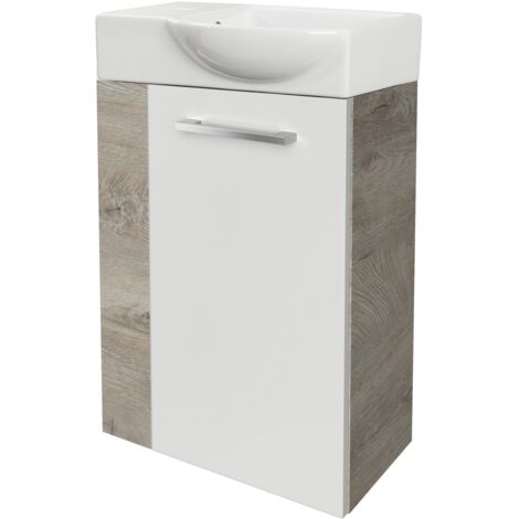 Fackelmann STANFORD SBC Gäste-WC Set 2 Teile – Waschtischunterschrank in Weiß mit Holz Braun mit Waschbecken aus Keramik – Waschbeckenunterschrank schmal – Türanschlag rechts – 45 cm breit"-"90096145