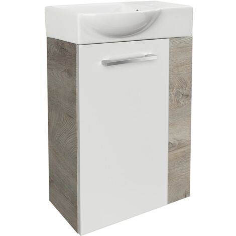 Fackelmann STANFORD SBC Gäste-WC Set 2 Teile – Waschtischunterschrank in Weiß mit Holz Braun mit Waschbecken aus Keramik – Waschbeckenunterschrank – Türanschlag links – Hahnloch rechts – 45 cm breit"-