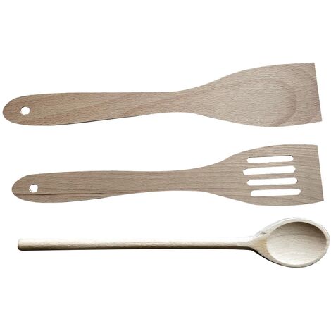 Set 3 mestoli in Legno spatola, forchetta, Cucchiaio per mescolare Utensili da  Cucina 28cm