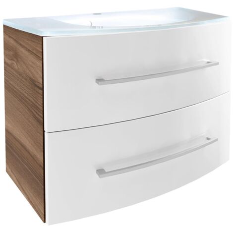 Fackelmann VERONA Badmöbel Set 2-teilig 80 cm breit, Braun Dunkel/Weiß Hochglanz, Glas"-"90323145