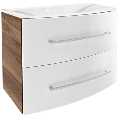 Fackelmann VERONA Badmöbel Set 2-teilig 80 cm breit, Braun Dunkel/Weiß Hochglanz, Gussmarmor"-"90322145