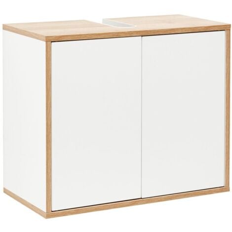 FACKELMANN Waschbeckenunterschrank FINN / Badschrank mit Push-to-Open / Maße (B x H x T): ca. 60 x 50 x 30,5 cm / Schrank fürs Bad mit 2 Türen / Korpus: Weiß / Front: Weiß / Rahmendekor: Braun hell"-"