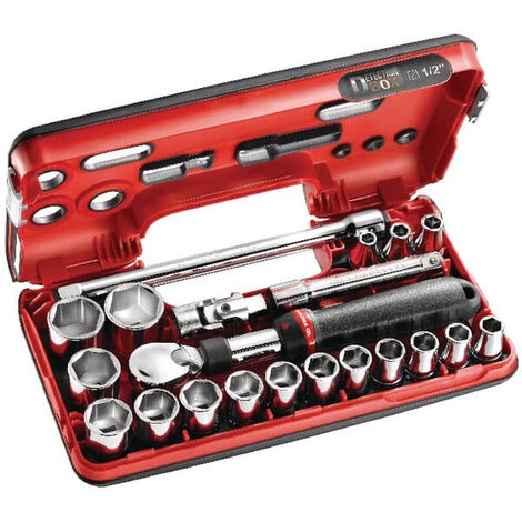 Facom – Coffret cliquet et douilles 1/4" – 17 douilles de 8 à 32 mm – Rallonge angulaire et cardan inclus – SXLDBOX1PB