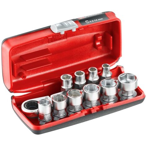 Facom – Coffret de douilles hexagonales 1/4'' 11 pièces – Cliquet flexible à 180° – Douilles de 5,5 à 14 mm – Coffret bimatière