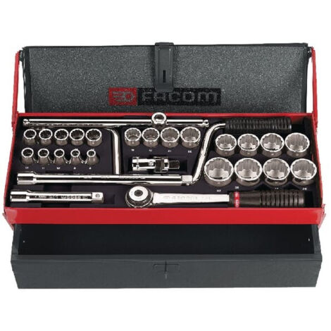 Facom – Coffret cliquet et douilles 27 pièces – Douilles carrées en acier au chrome vanadium – Dimensions 468 x 190 x 160 mm – Poids 7,98 kg