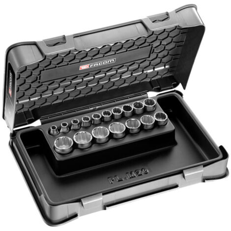 Facom – Coffret cliquet et douilles 3/8' 17 pièces – Douilles 12 pans – Tailles de 7 à 24 mm – Pour mécanique et bricolage intensif