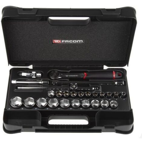 Facom – Coffret cliquet étanche 26 pièces – Douilles 1/2' 6 pans métriques – 2 rallonges 130/250 mm – Poignée coulissante 1/2'