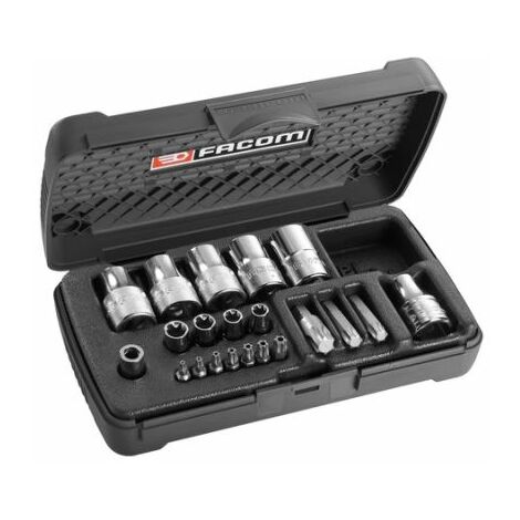 Facom – Coffret de 21 douilles et embouts Torx® – Taille d'entraînement 1/4' et 1/2' – Compatible vis Torx® et Resistorx® – Dimensions 204 x 122 x 52 mm - RSX19BPB