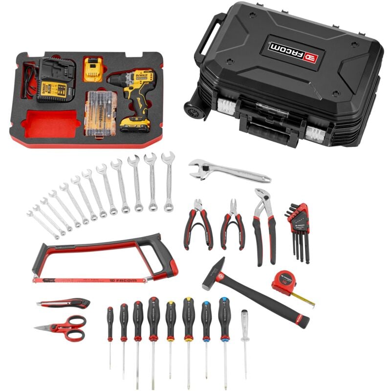 Facom - DeWALT set en valise à roulettes 68 pces incl. perceuse-visseuse sans fil DCD701