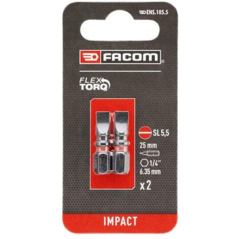 Facom – Embout pour visseuse type plat 5,5mm – Lot de 2 embouts – Finition brunie pour vissage précis – Compatible avec visseuses à choc