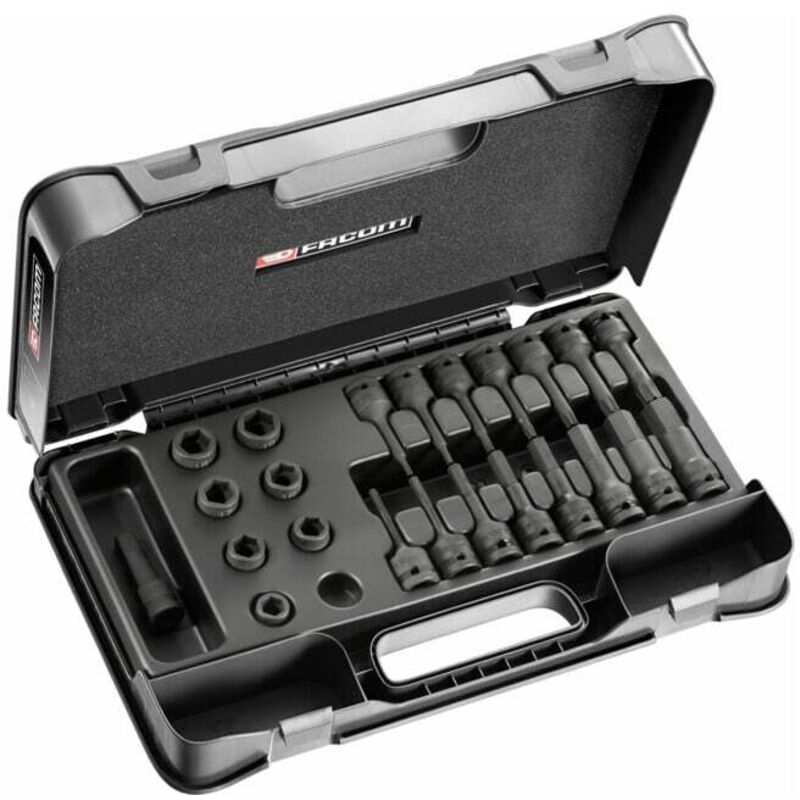 Facom – Jeu de douilles à impact compactes 1/2' – Acier chrome-molybdène – 23 pièces – Longueur 25% plus courte pour espaces restreints