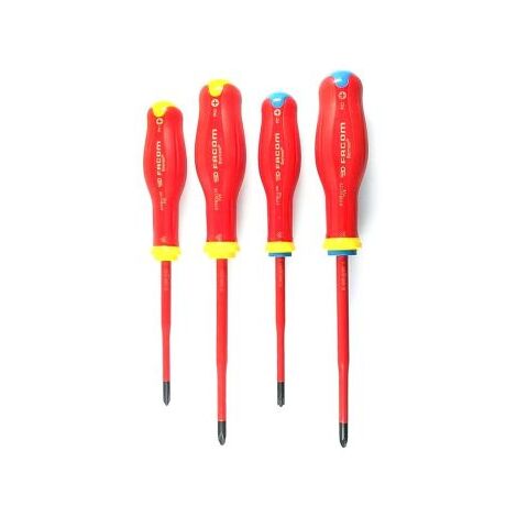 Facom – Jeu de 4 tournevis isolés 1000V – 2 Phillips et 2 Pozidriv – Empreinte hexagonale pour travaux électriques – Sécurité renforcée