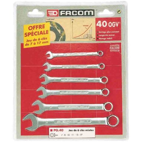 Facom – Jeu de 6 clés mixtes à reprise rapide – Dimensions 7-8-10-11-13-17mm – Hexagone 12 pans – Pour travaux de précision