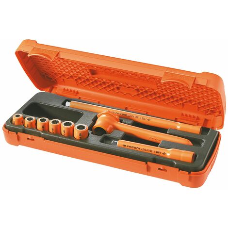 Facom – Jeu de 9 outils isolés 1000V – Cliquet réversible 3/8' – Clés à douille 8-14 mm – Rallonges 3/8' pour usage professionnel
