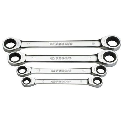 Facom – Jeu de clés à cliquet 10 x 11 mm, 12 x 13 mm, 16 x 18 mm, 17 x 19 mm – Mécanisme réversible – Finition chromée satinée