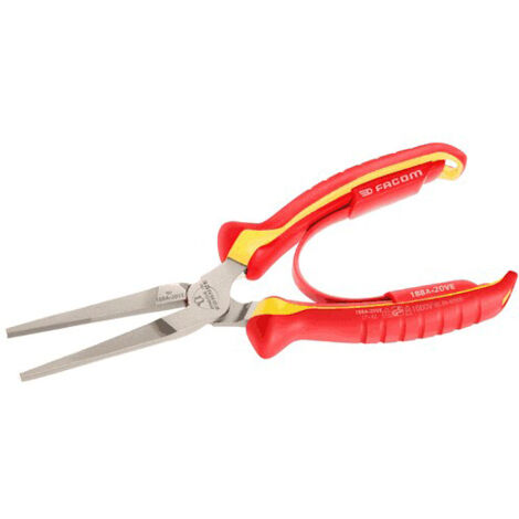 Facom – Pince à bec plat 200 mm – Acier à haute teneur en carbone – Poignée bi-matière ergonomique – Conforme VDE 1000V – Testée à 10 000 volts