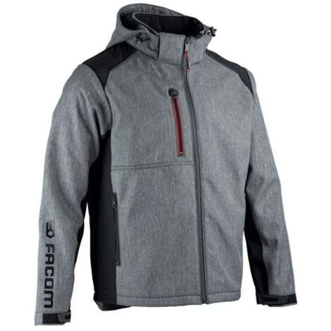 Facom – Veste softshell professionnelle 3 couches imper-respirante – Capuche amovible – Taille XL – Poignets réglables – Gris Chiné/Noir - FXWW2020E-XL