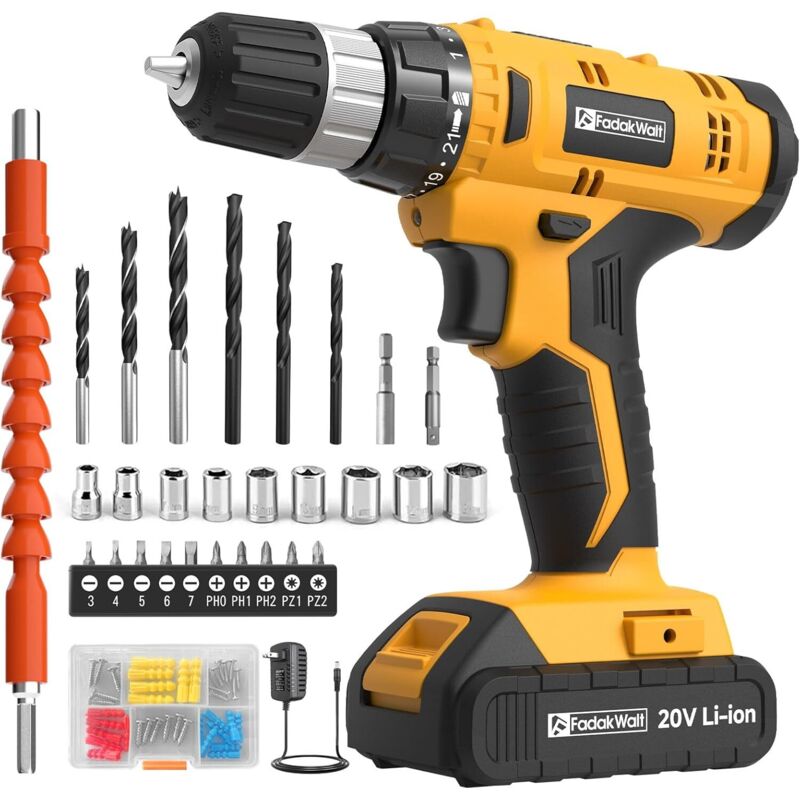 FADAKWALT 20V Cordless Drill Set ，Powerful Drill bit Sets,Torque 30N,21+1 Torque Setting,3/8” inch Keyless Chuck, 40pcs,Electric Drill with 2.0AH