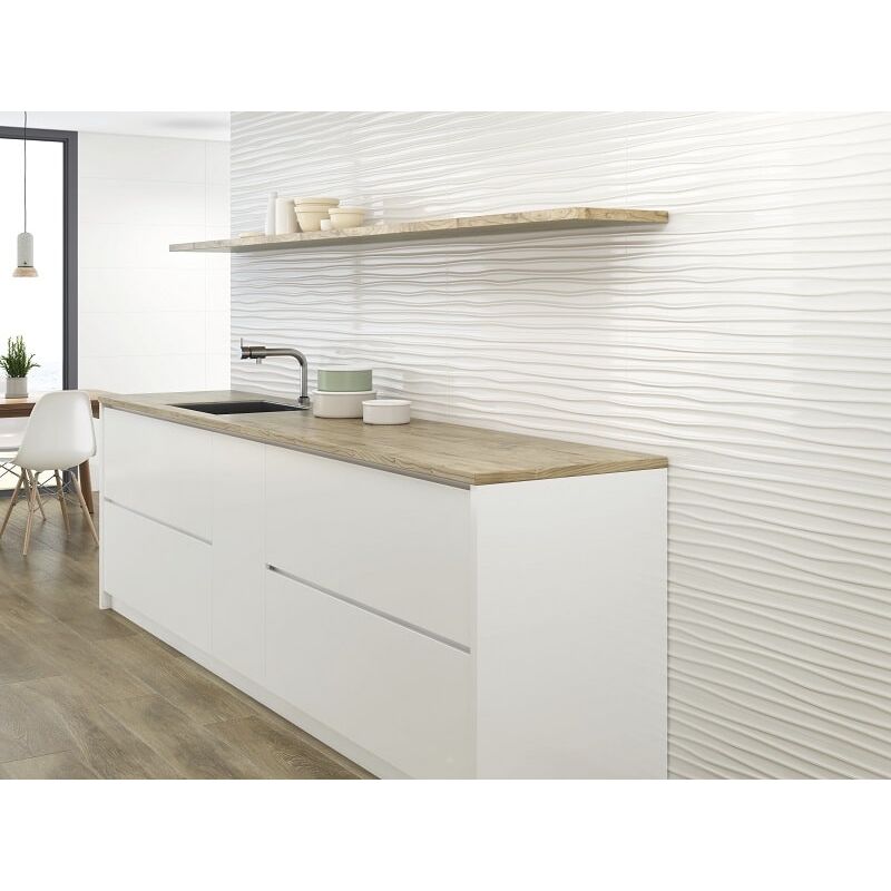 Faïence moderne unie blanche satin à relief 30x90 cm - wichita Rectifié