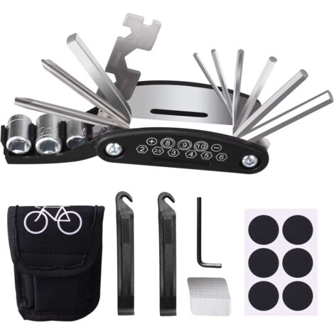 Fahrrad-Werkzeugset, 16-in-1-Reparaturwerkzeug-Set für die Fahrradreparatur, Fahrradreifen-Reparaturset, Multifunktionswerkzeug für Fahrrad, Roller, Motorrad, mit Flicken und Reifenhebern