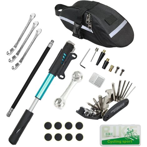 Fahrradschlauch-Reparaturset, bestehend aus: Flicken, Pumpe, Reparaturfolie, Klebstoff und Werkzeug.