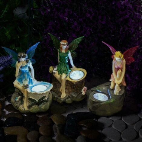 Fairy LED Solar Lights 3x Fairy Garden Statues With Solar Spotlights