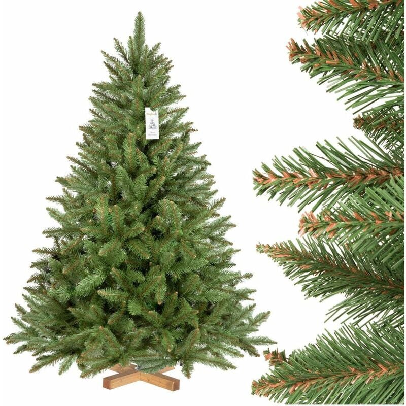 Fairytrees - Sapin de Noël Artificiel 150cm épicéa Naturel Arbre de Noël avec Support en Bois Tronc Vert Made in eu