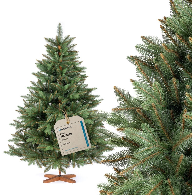 Fairytrees - Sapin de Noël Artificiel, Nordmann Premium 150 cm, Éléments naturels moulés par Injection, Fabriqué en ue, Arbre de Noël avec Support en