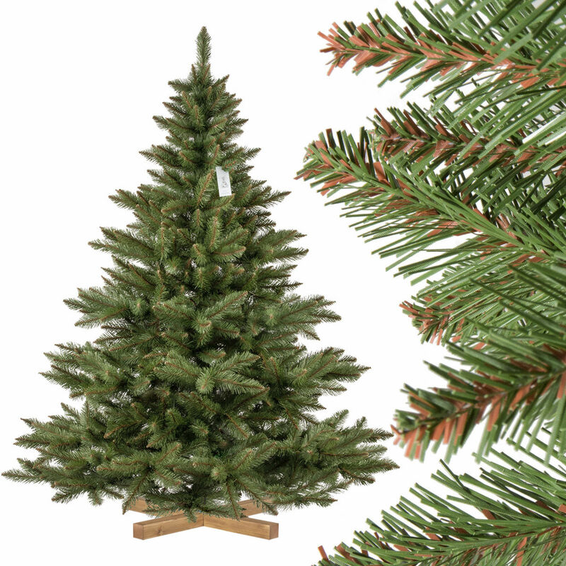 Fairytrees - Sapin de Noël artificiel, Sapin de Nordmann, tronc vert, matériel pvc, socle en bois, 180cm, FT14-180