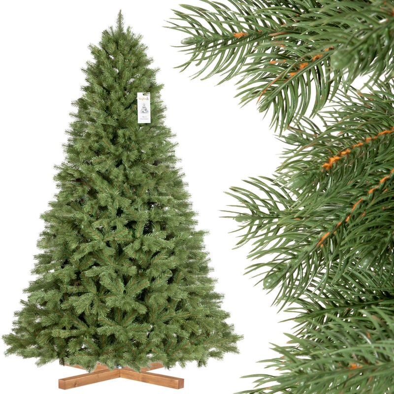 Fairytrees - Sapin de Noël artificiel, Épicéa Royal Premium, matériel pu + pvc, socle en bois, 220cm, FT18-220