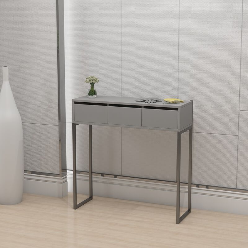 Faith-a Console Table with 3 drawers and metal legs.