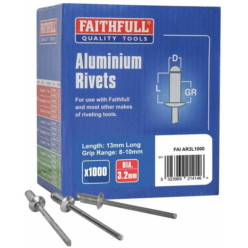 Aluminium Rivets 3.2 x 13mm Long Bulk Pack of 1000 FAIAR3L1000