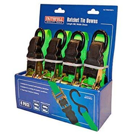 Faithfull FAITDRATSET4 Ratchet Tie Downs, 5 m x 25 mm, Multi