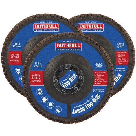 Faithfull Zirconia Abrasive Jumbo Flap Disc - 115 x 22mm 120 Grit (Pack of 3)