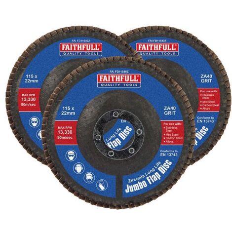 Faithfull Zirconia Abrasive Jumbo Flap Disc - 115 x 22mm 40 Grit (Pack of 3)
