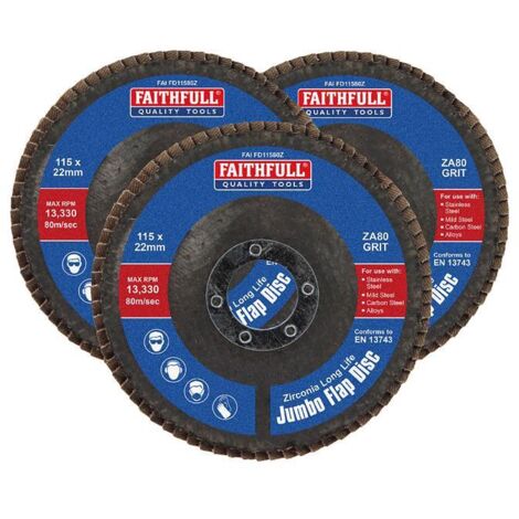 Faithfull Zirconia Abrasive Jumbo Flap Disc - 115 x 22mm 80 Grit (Pack of 3)